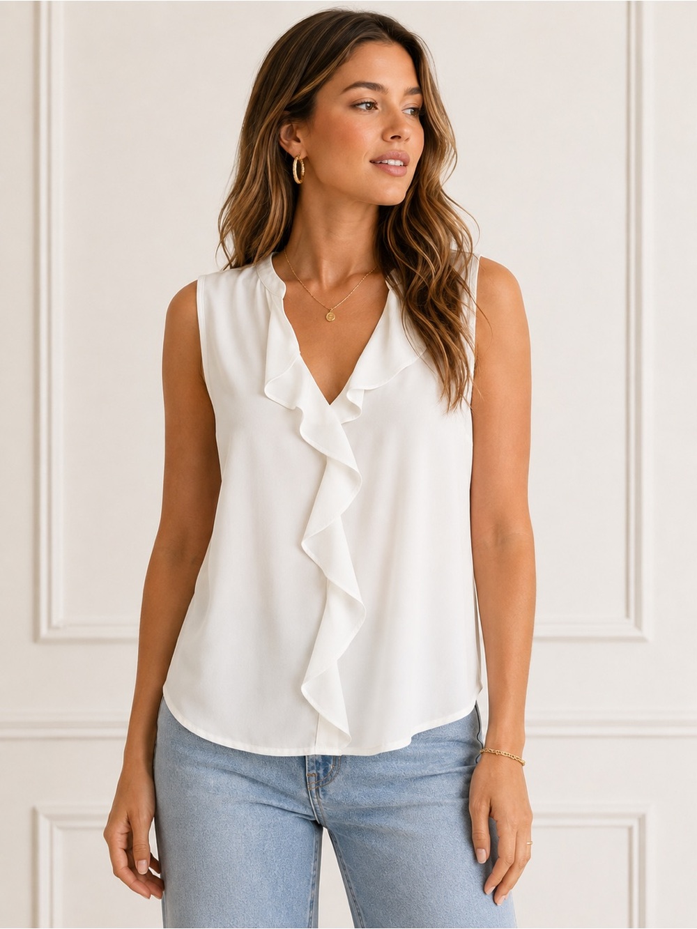 NWOT Vince Camuto White Ruffle V-Neck Sleeveless Blouse XL